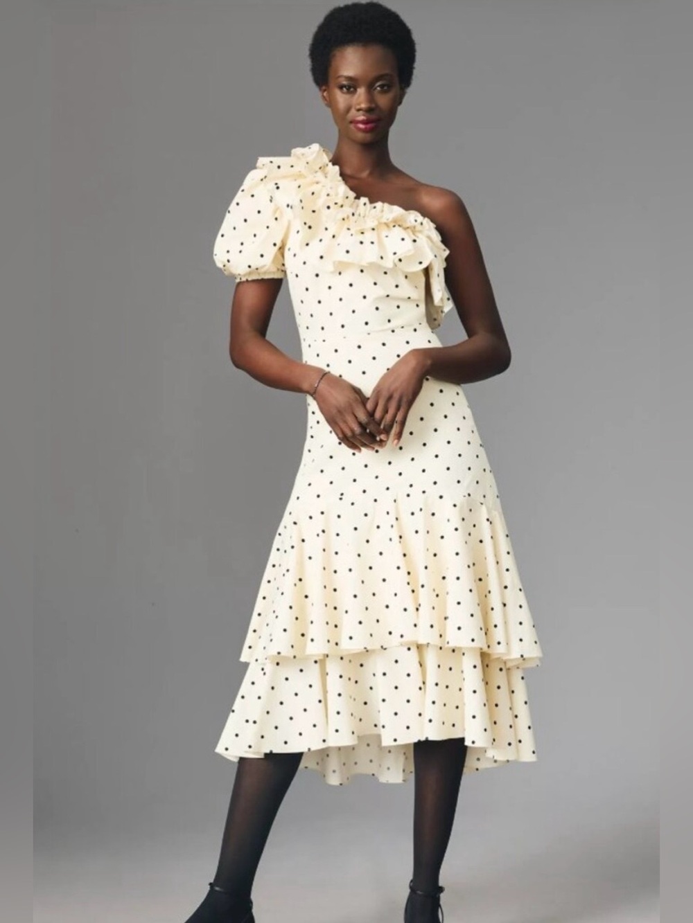 Queens of Archive Ivory One Shoulder Ruffle Polka Dot Midi Dress